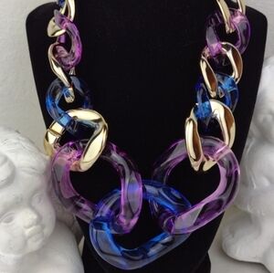 Chunky Purple Cobalt Blue Gold Resin Chain Link Necklace